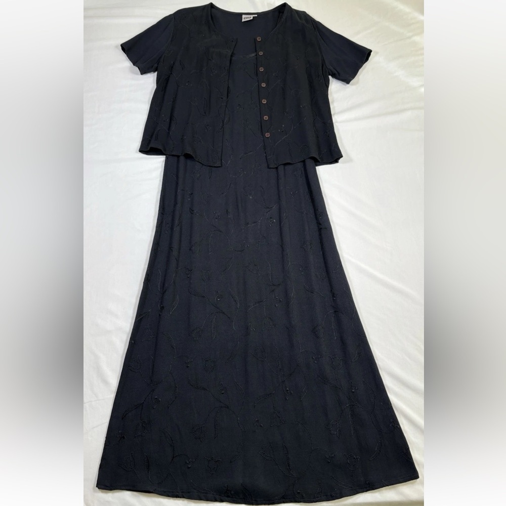 Johnny Was Embroidered Set Maxi Dress Cardigan Sz S Black Designer Quiet Luxury